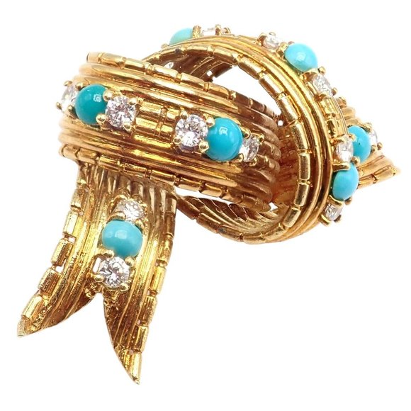 Vintage Tiffany & Co. 18k Yellow Gold Diamond Turquoise Bamboo Bow Pin Brooch - Picture 10 of 11